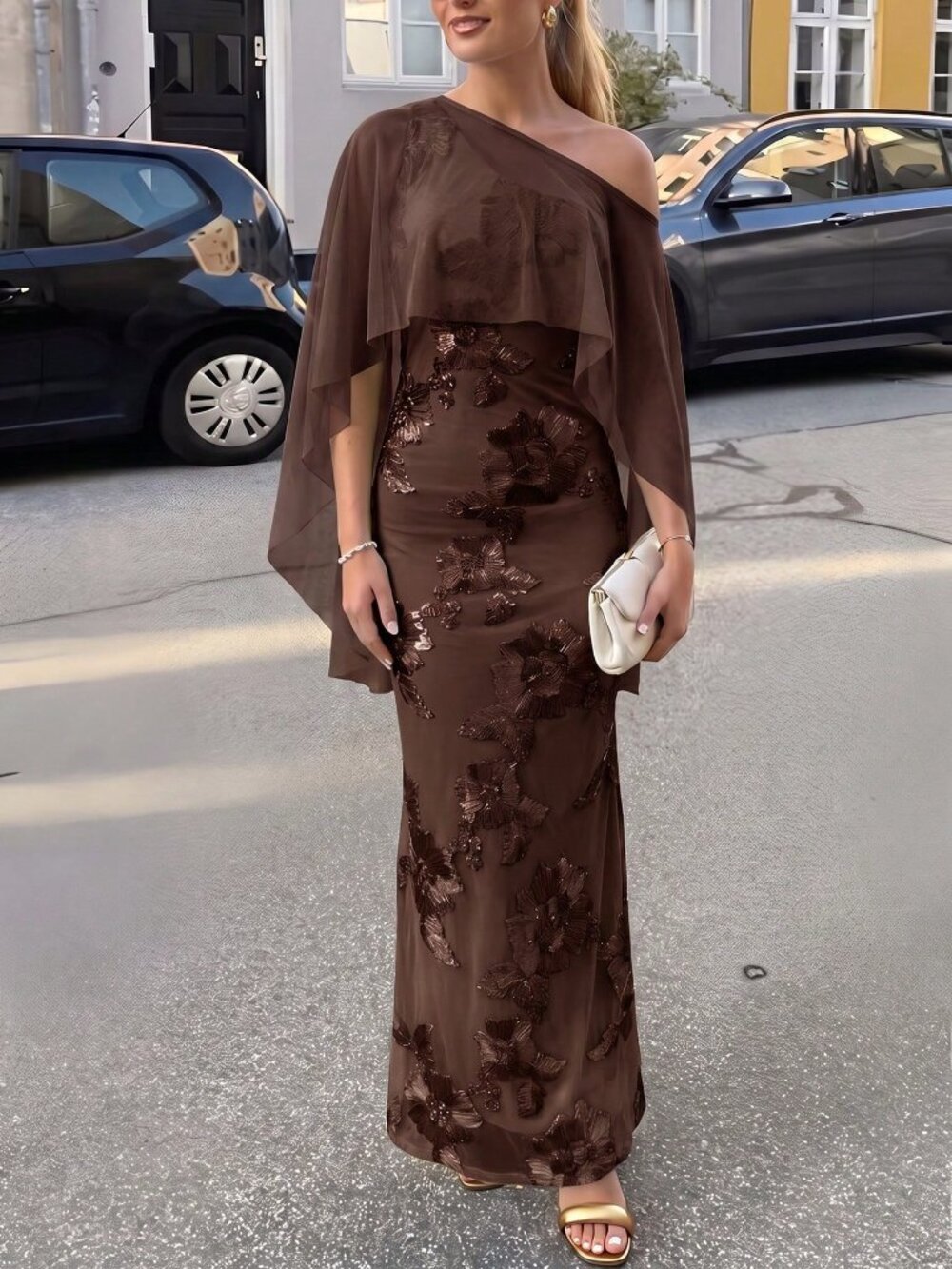 Brown Party Women's Asymmetrical Shoulder Sleeveless Fitted Mesh Dress
